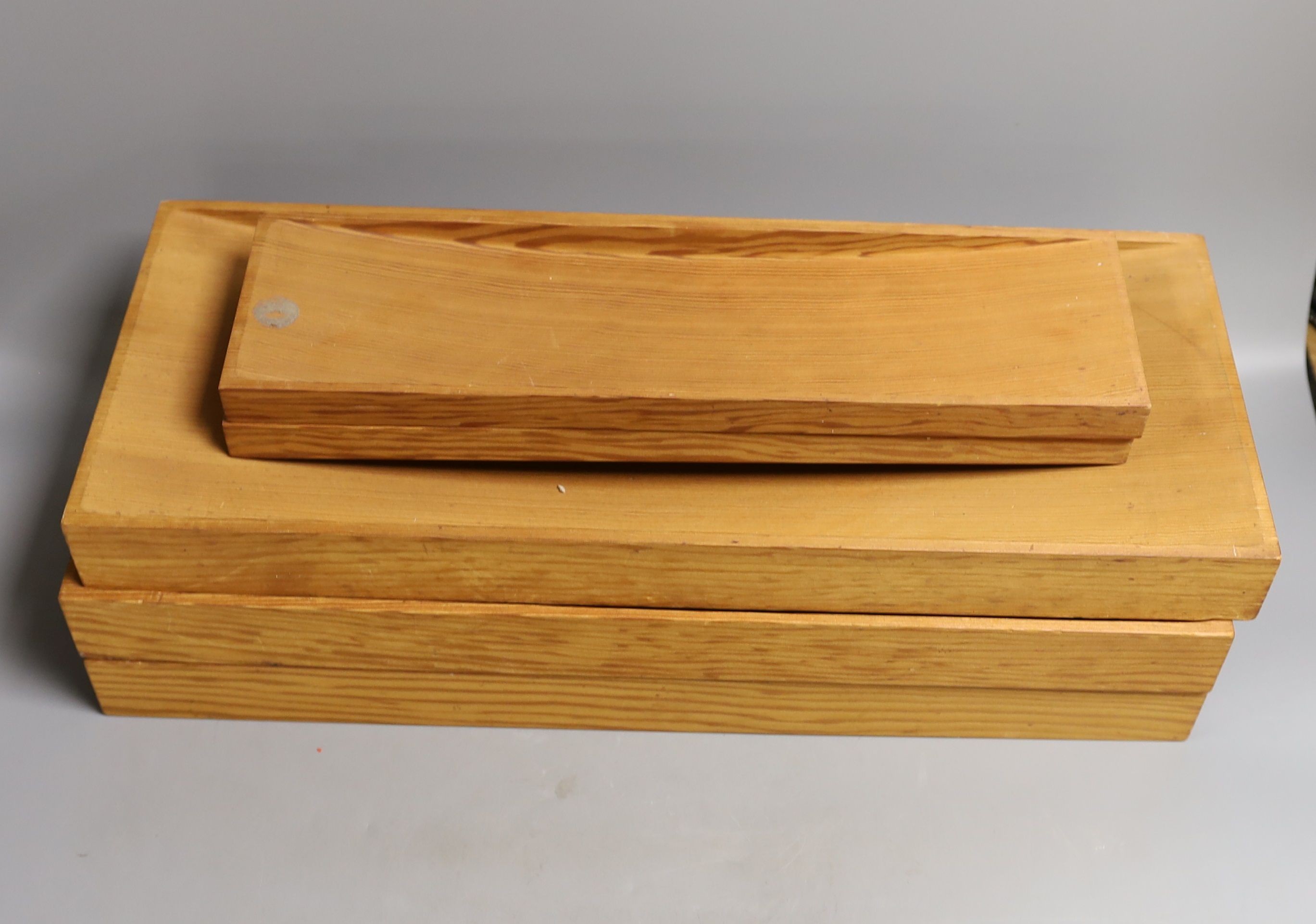 Danish mid century Oregan pine trencher's, larger 50cm, smaller 39cm